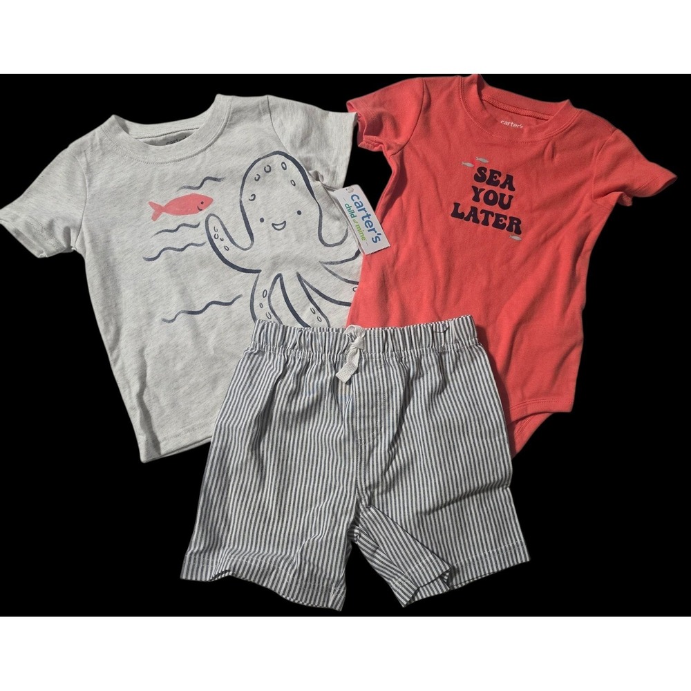 Carters 24M Baby Boys outfit Grey Octopus Shirt Bodysuit Shorts NWT